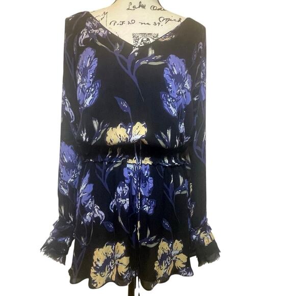 RAMY BROOK MINI DRESS MILENE 100% SILK BLUE FLORAL RUFFLE SMOCKED WAIST SZ S - Picture 7 of 16